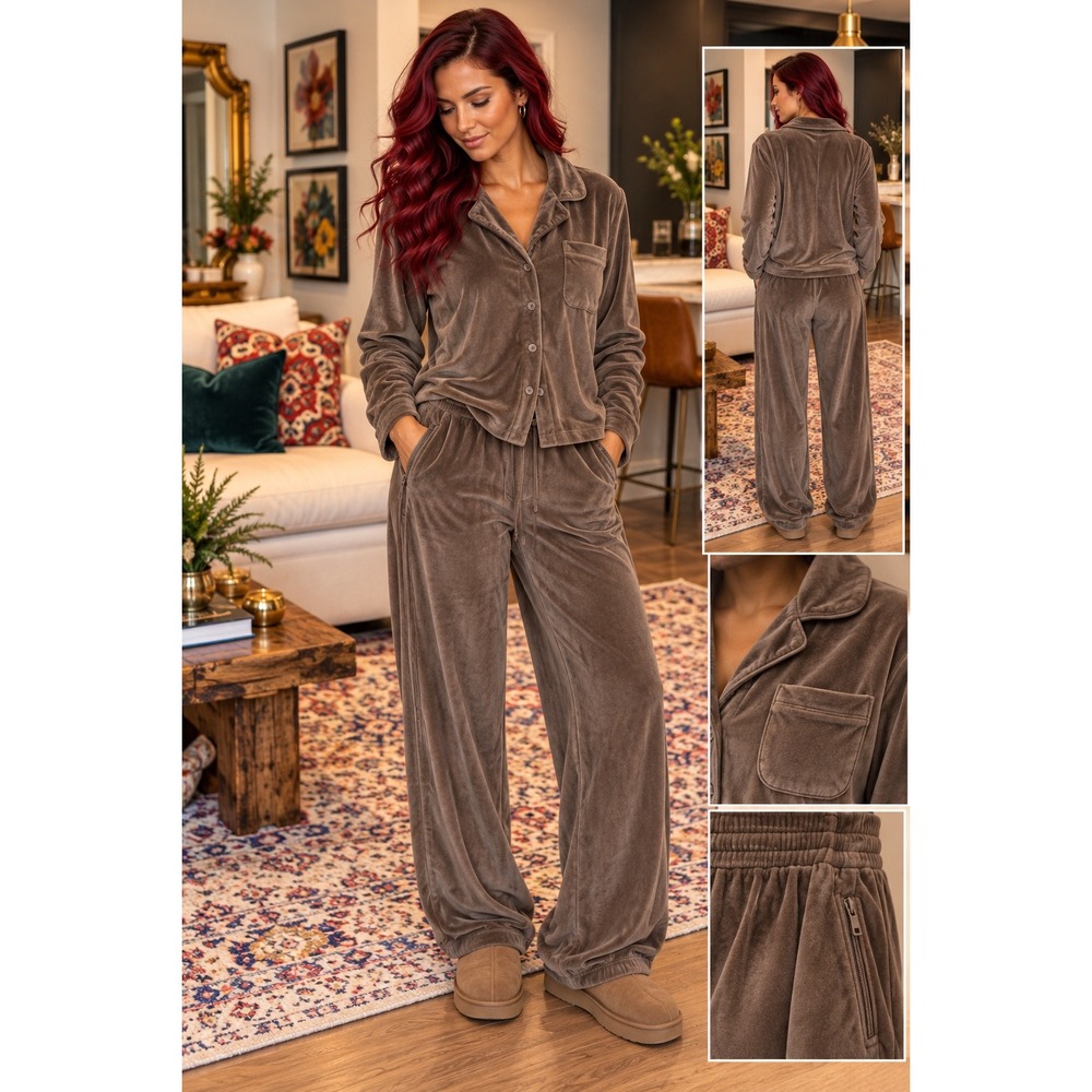 Skims Velour Brown Grey 2 Piece Co-Ord set Loungewear Top M Joggers L